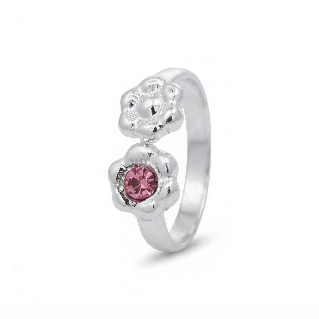 Anillo 2 Flores Circón Fucsia