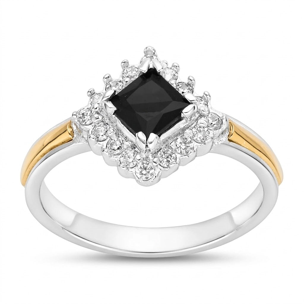 Anillo Circón Negro Líneas Oro