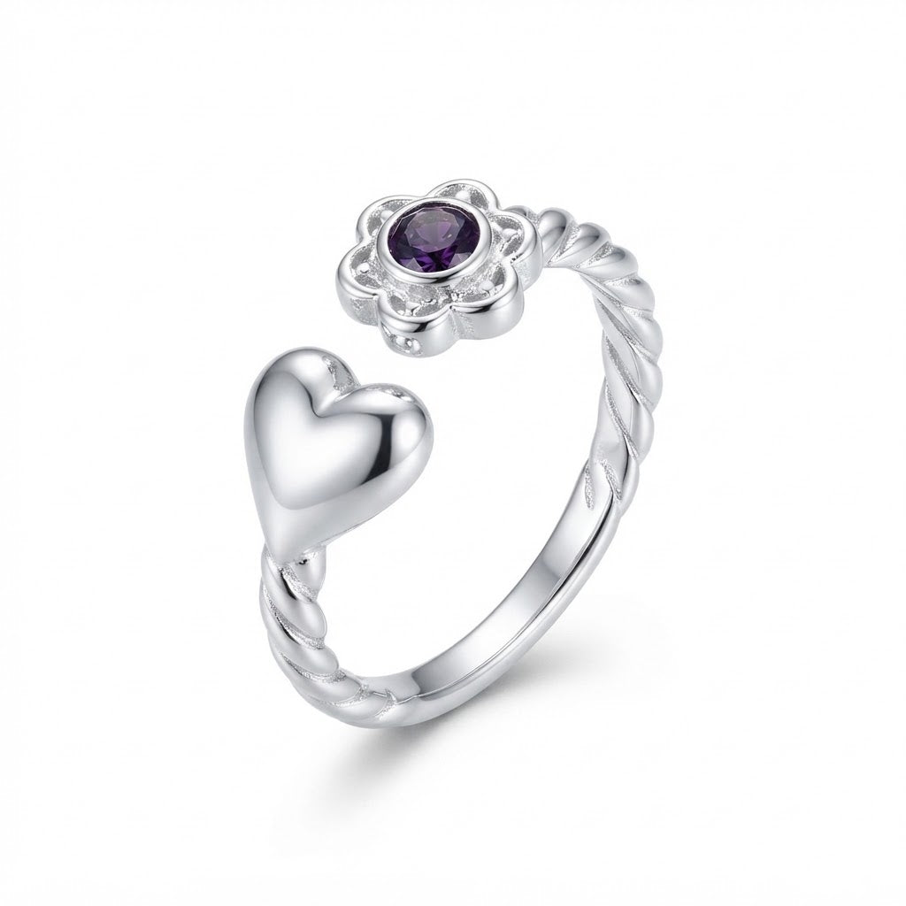 Anillo Corazón Flor Circón Púrpura