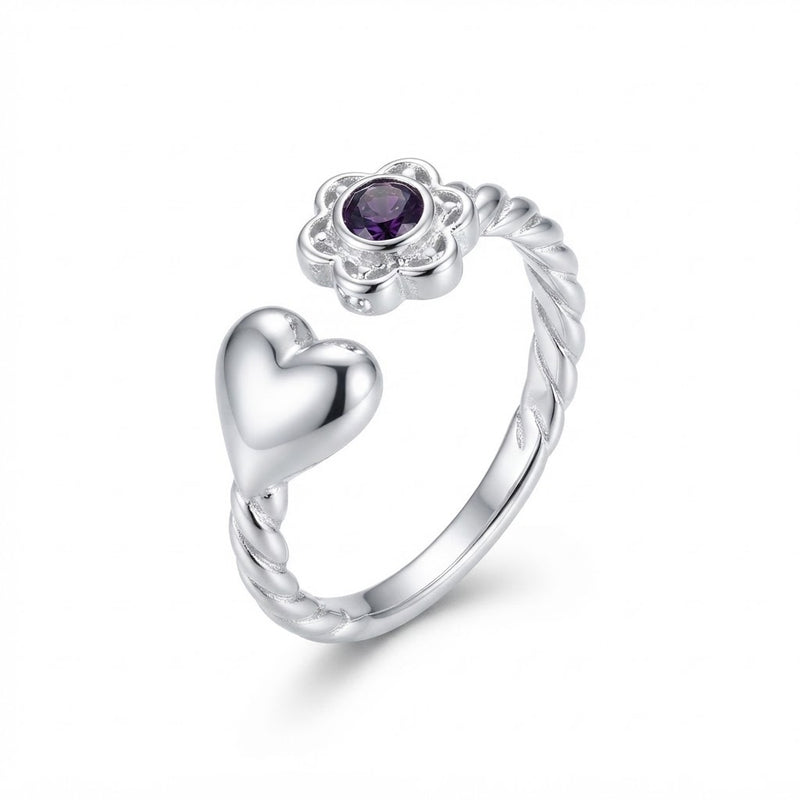 Anillo Corazón Flor Circón Púrpura