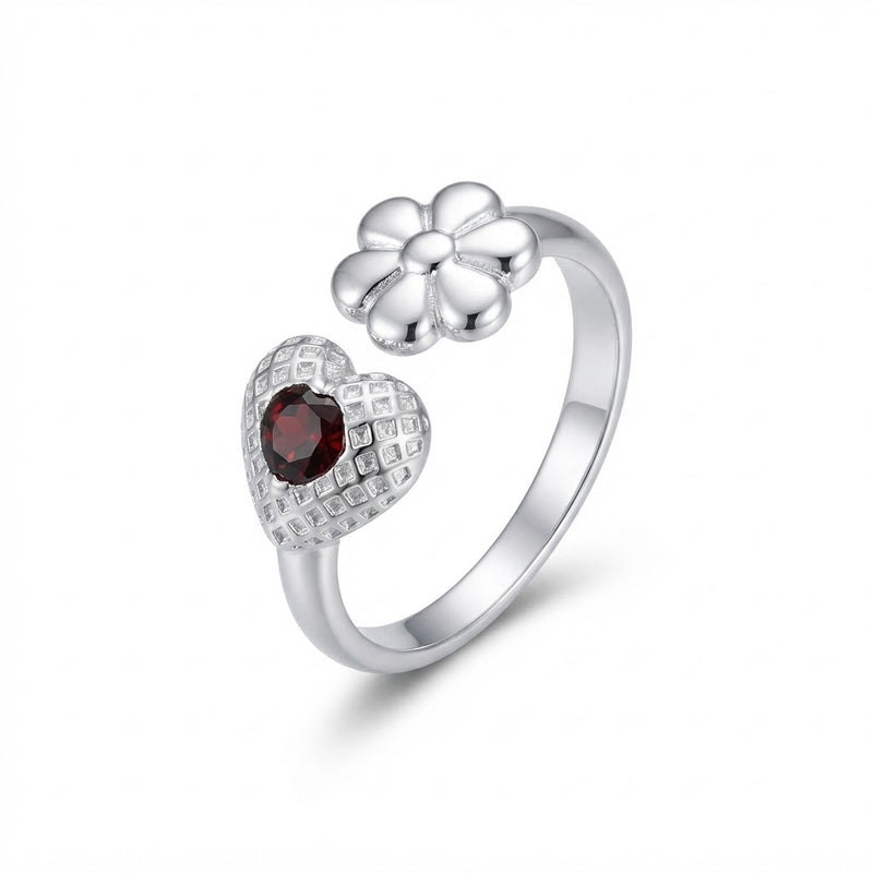 Anillo Flor Corazón Circón Rojo