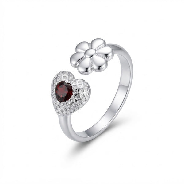Anillo Flor Corazón Circón Rojo