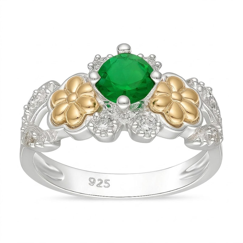 Anillo Flores Hojas Oro Circones Esmeralda