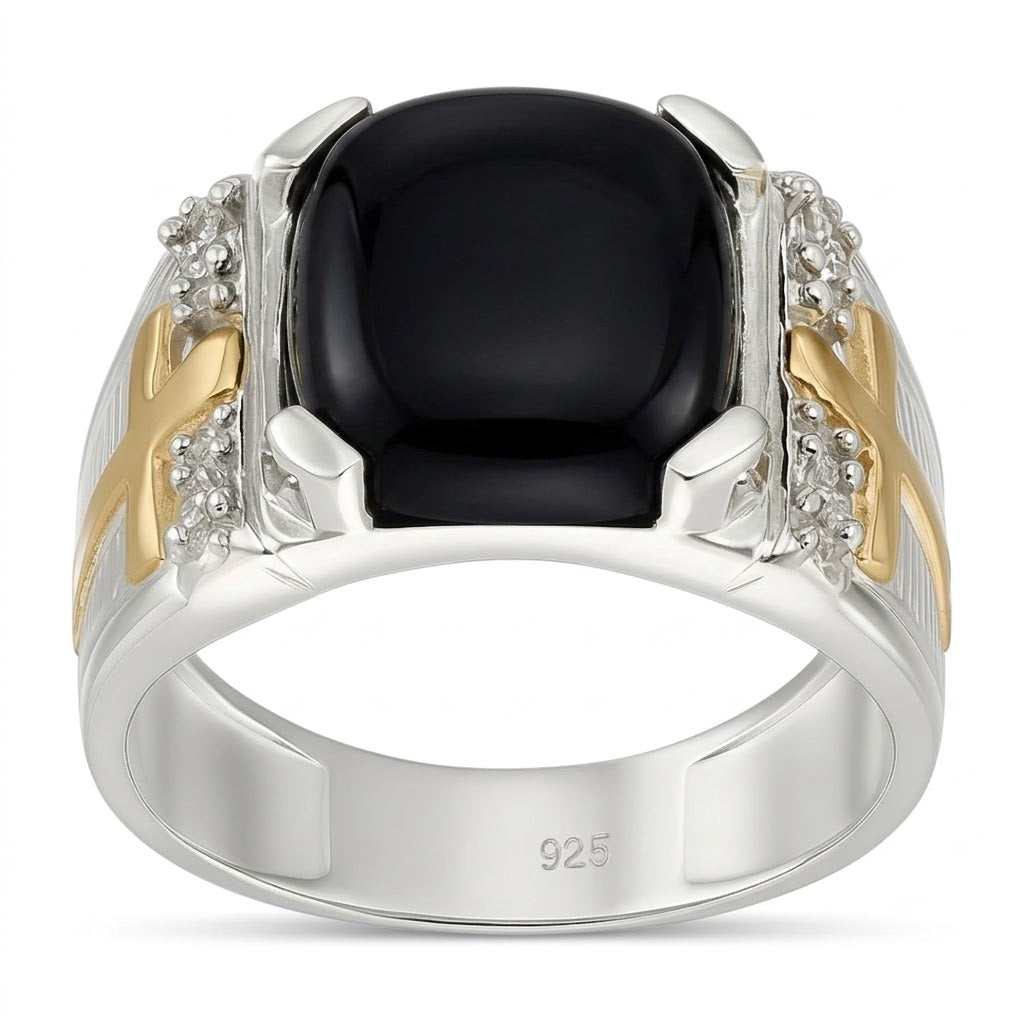 Anillo Sello Circón Negro Cruces Oro