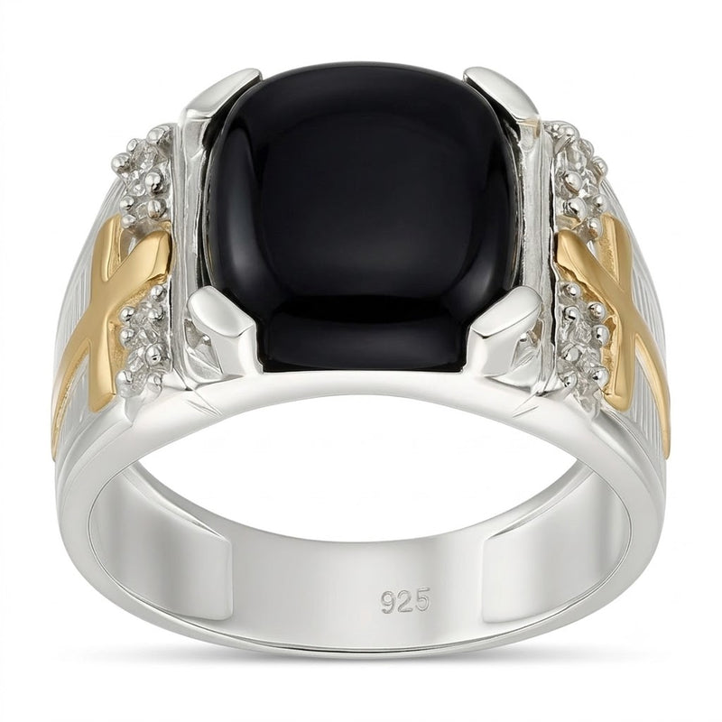 Anillo Sello Circón Negro Cruces Oro