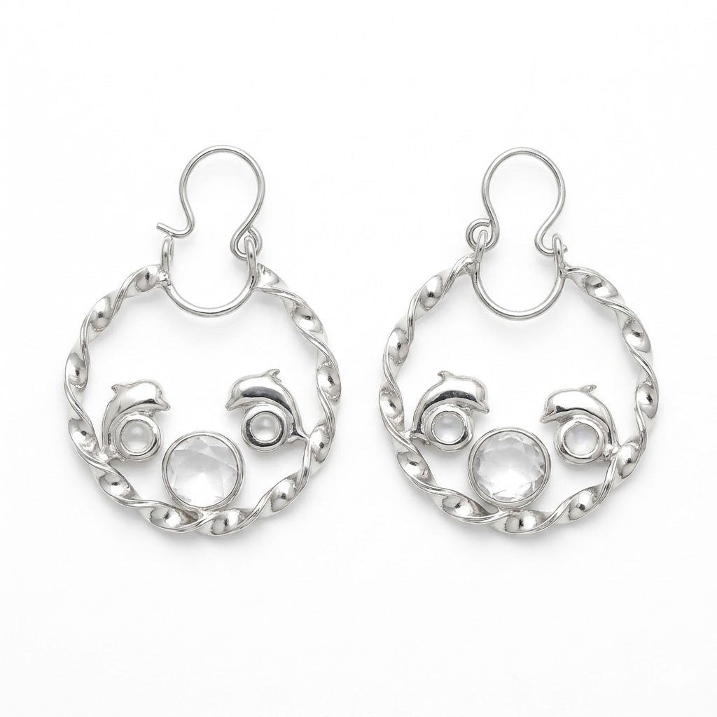 Aros Argollas Torcida Delfín Circón Blanco 28 mm