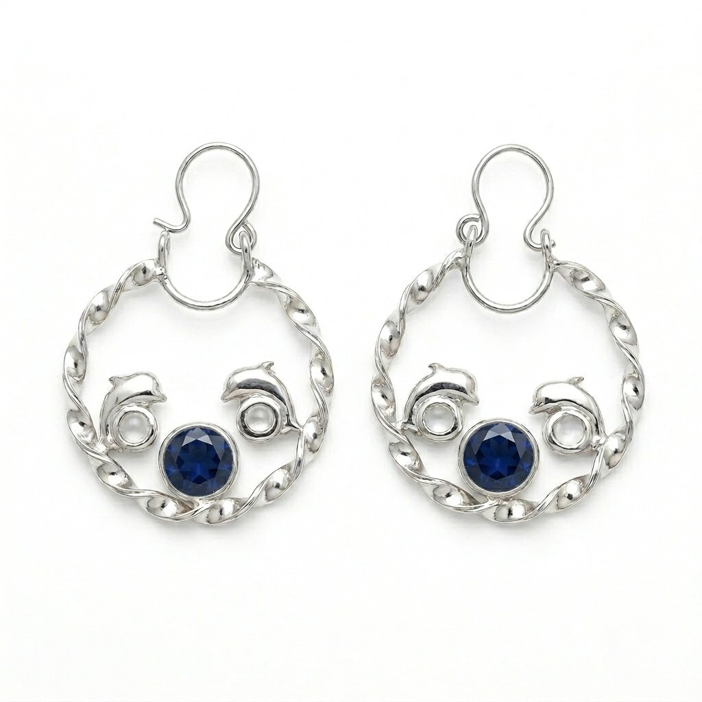 Aros Argollas Torcida Delfín Circón Azul 28 mm