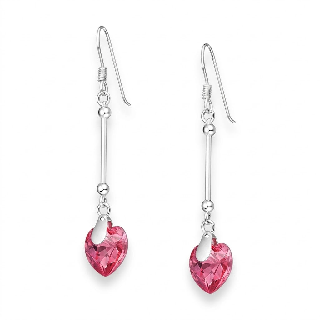 Aros Colgantes Largo Corazón Rosa Swarovski