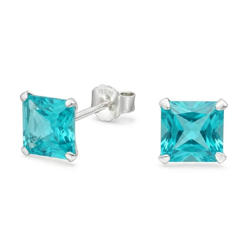 Aros Pegados Circón Cuadrado Turquesa 8 mm