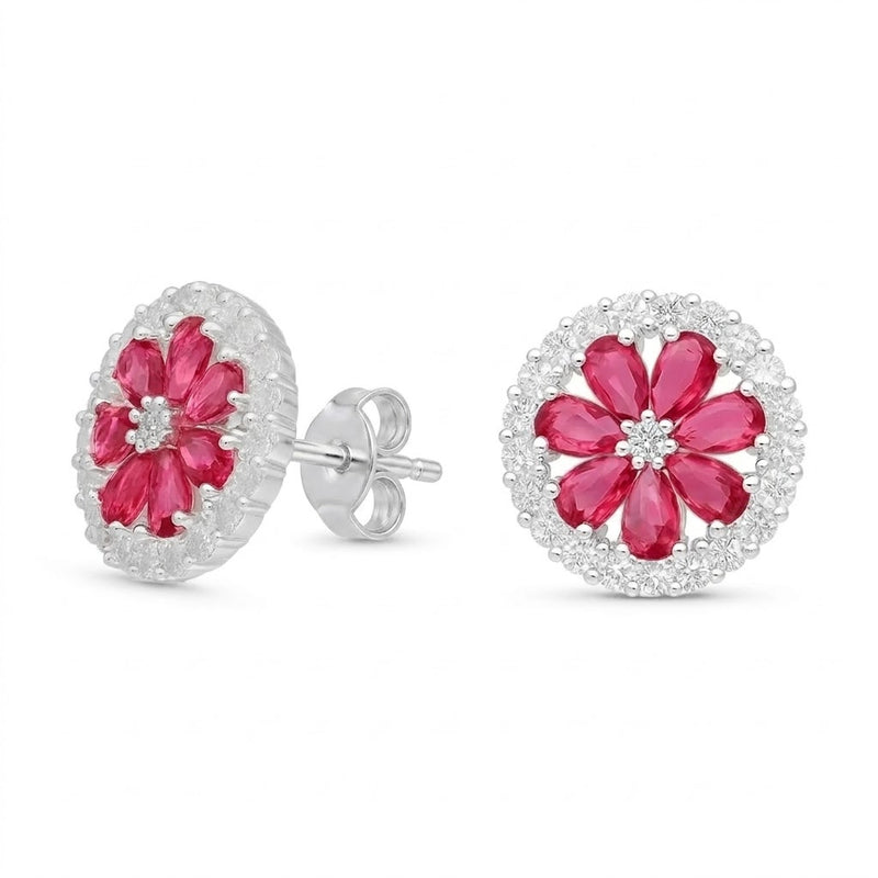 Aros Pegados Flor Circones Rosa Rubí