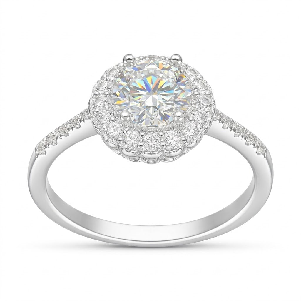 Anillo Flor Moissanita Rodeada Microcircones Laterales