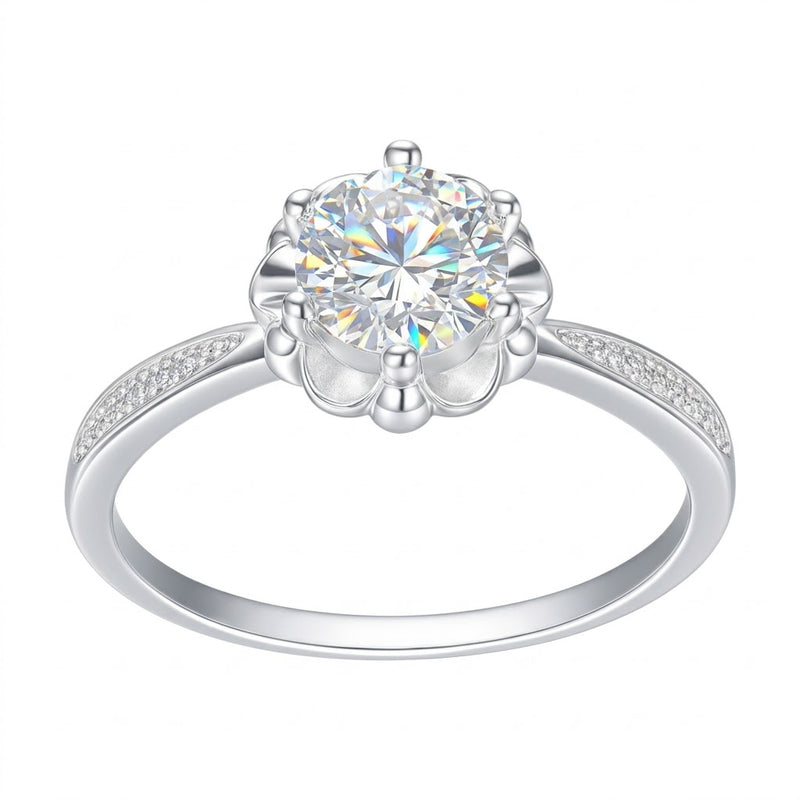 Anillo Flor Solitario Moissanita Microcircones Laterales