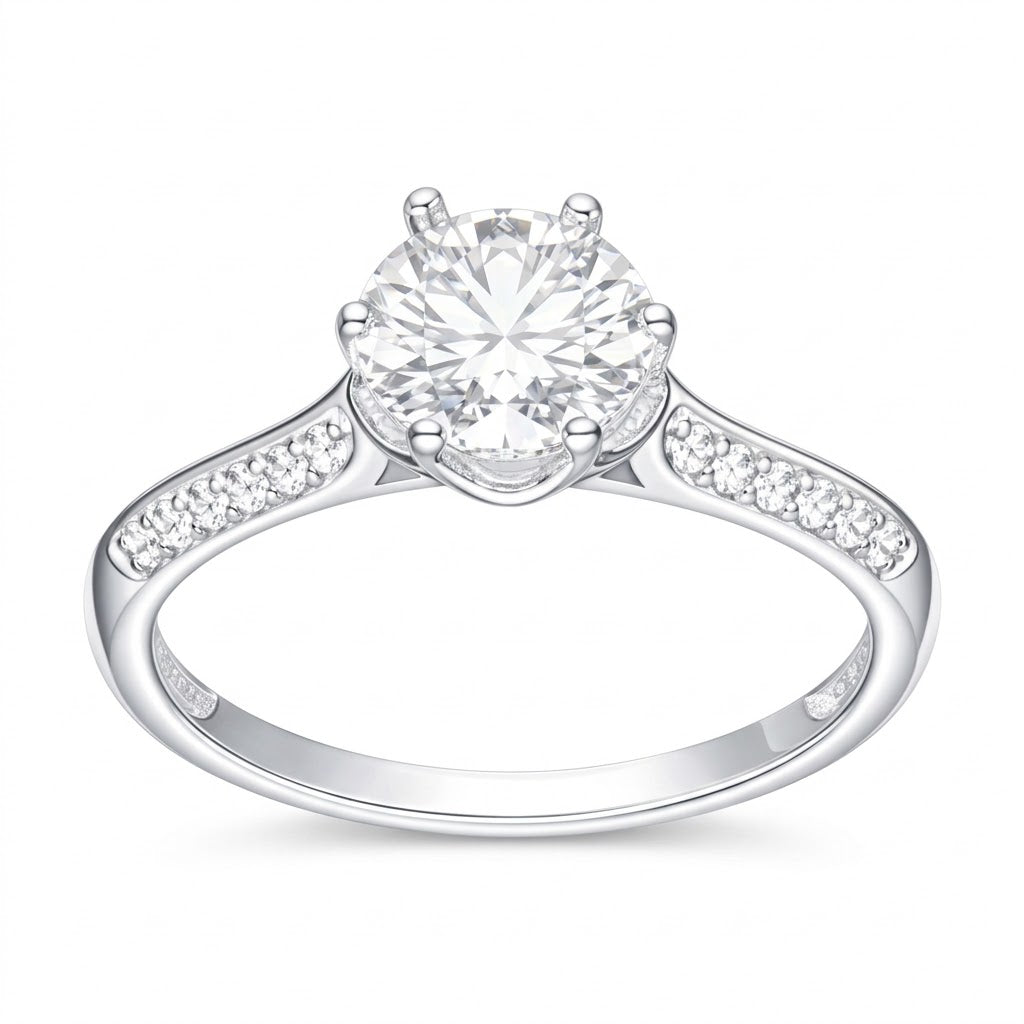 Anillo Flor Solitario Moissanita Microcircones Laterales