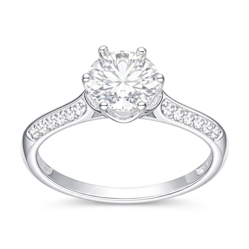 Anillo Flor Solitario Moissanita Microcircones Laterales