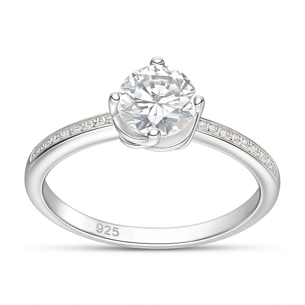 Anillo Flor Solitario Moissanita Microcircones Laterales