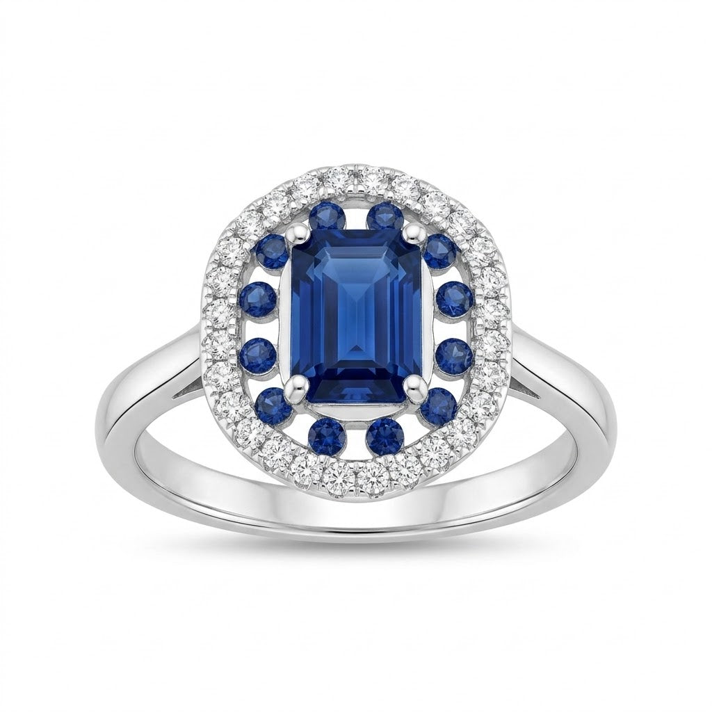 Anillo Circón Rectangular Azul Rodeado