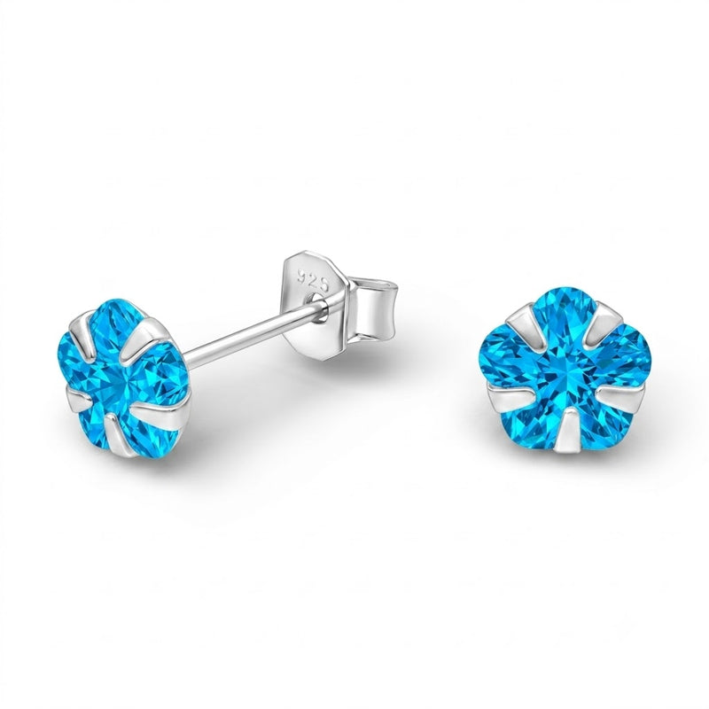 Aros Pegados Flor Circón Azul 8 mm